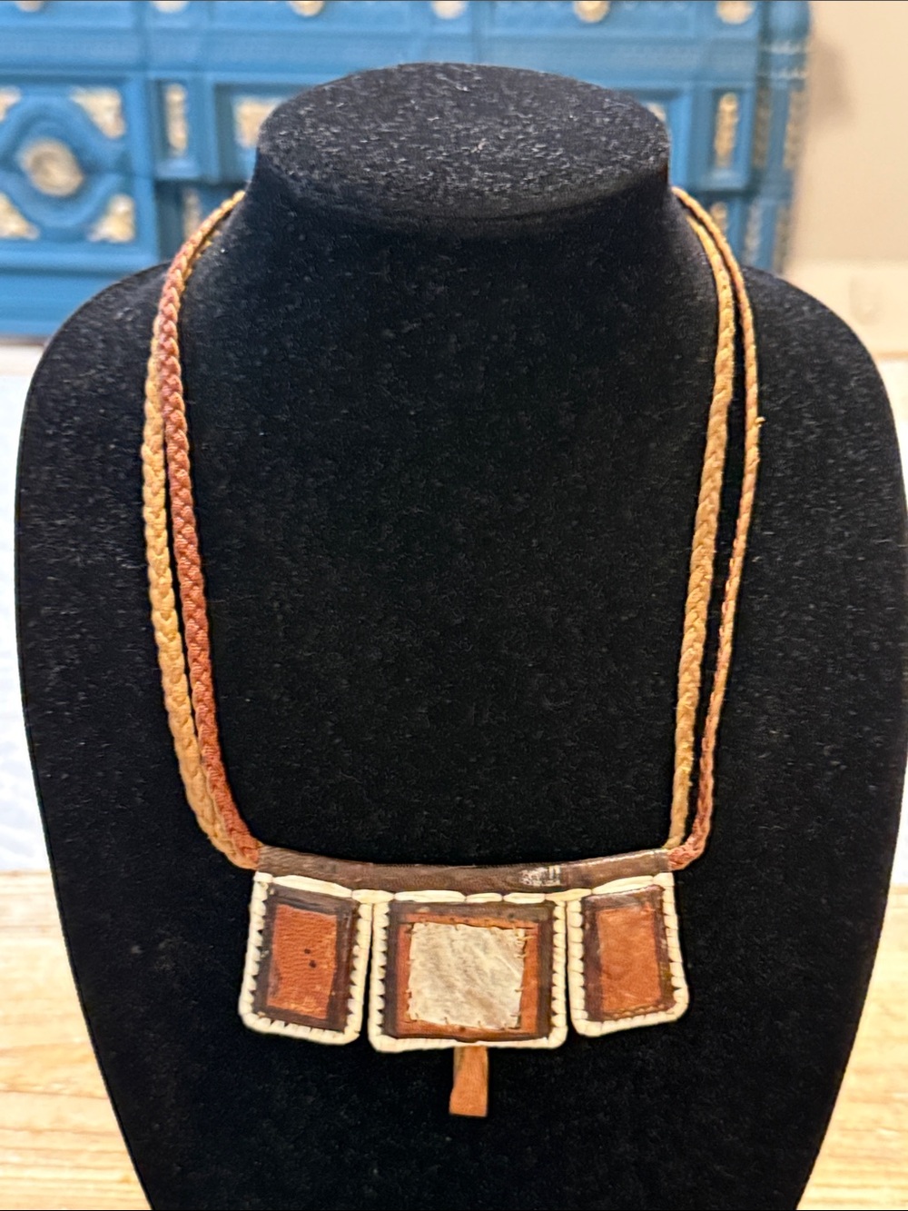 Vintage Brown Tan White Leather Large Bar Pendant Rope Statement Necklace